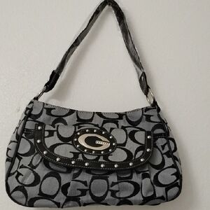 Guess Black and Gray Signature Canvas Shoulder Bag with Studded Flap